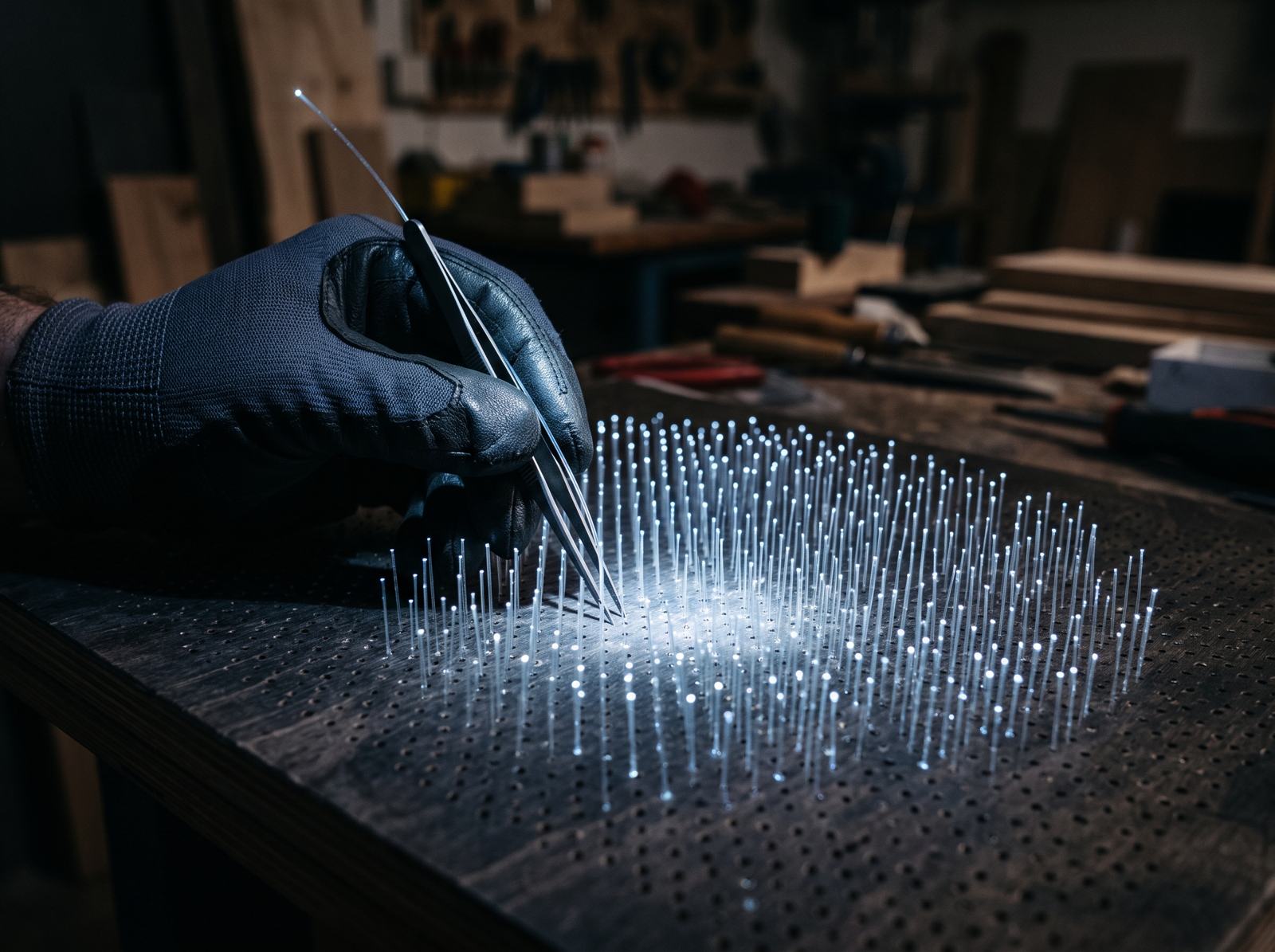 Optical fibres set by hand into a drilled panel