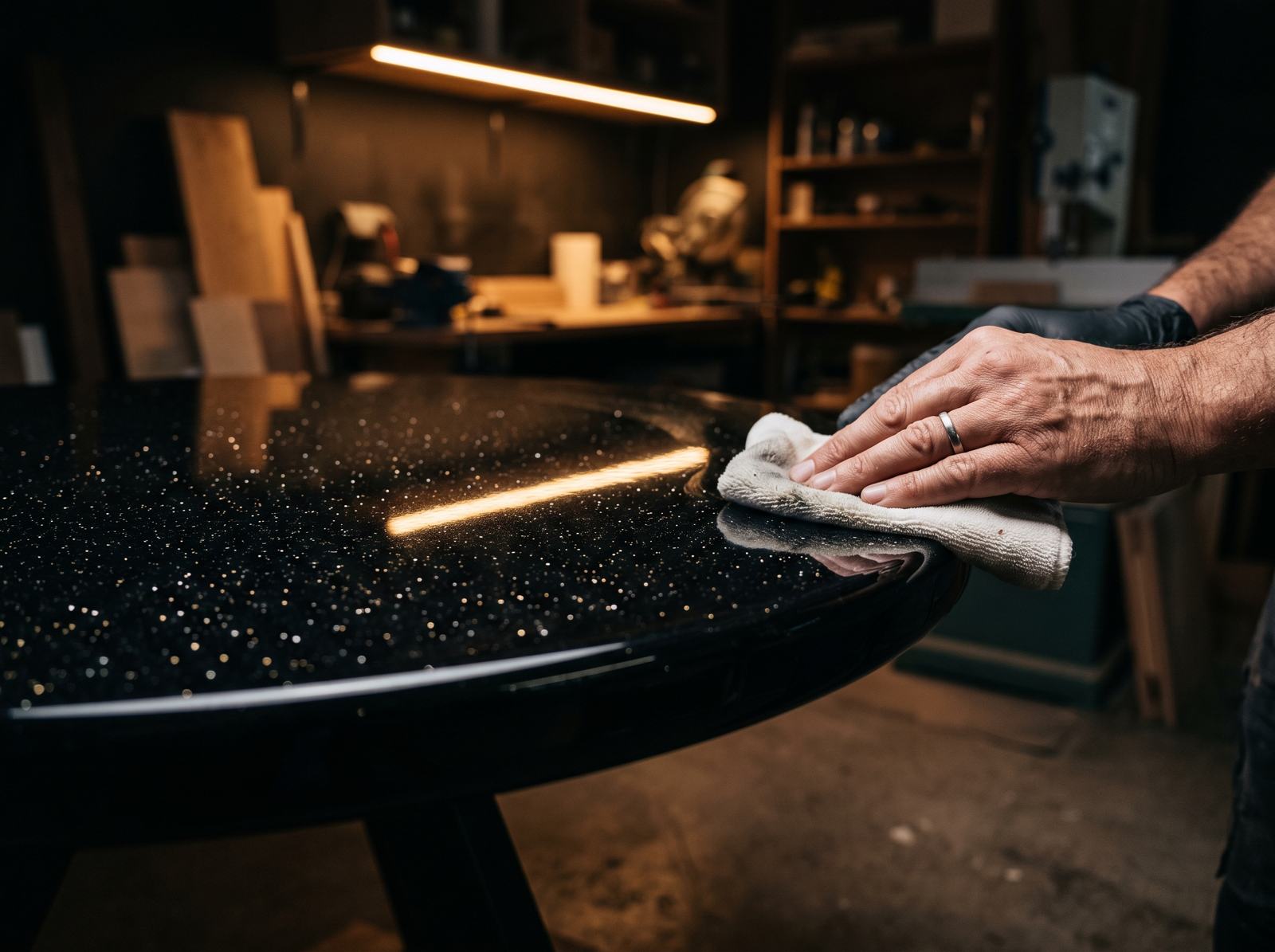 Hand polishing the black surface