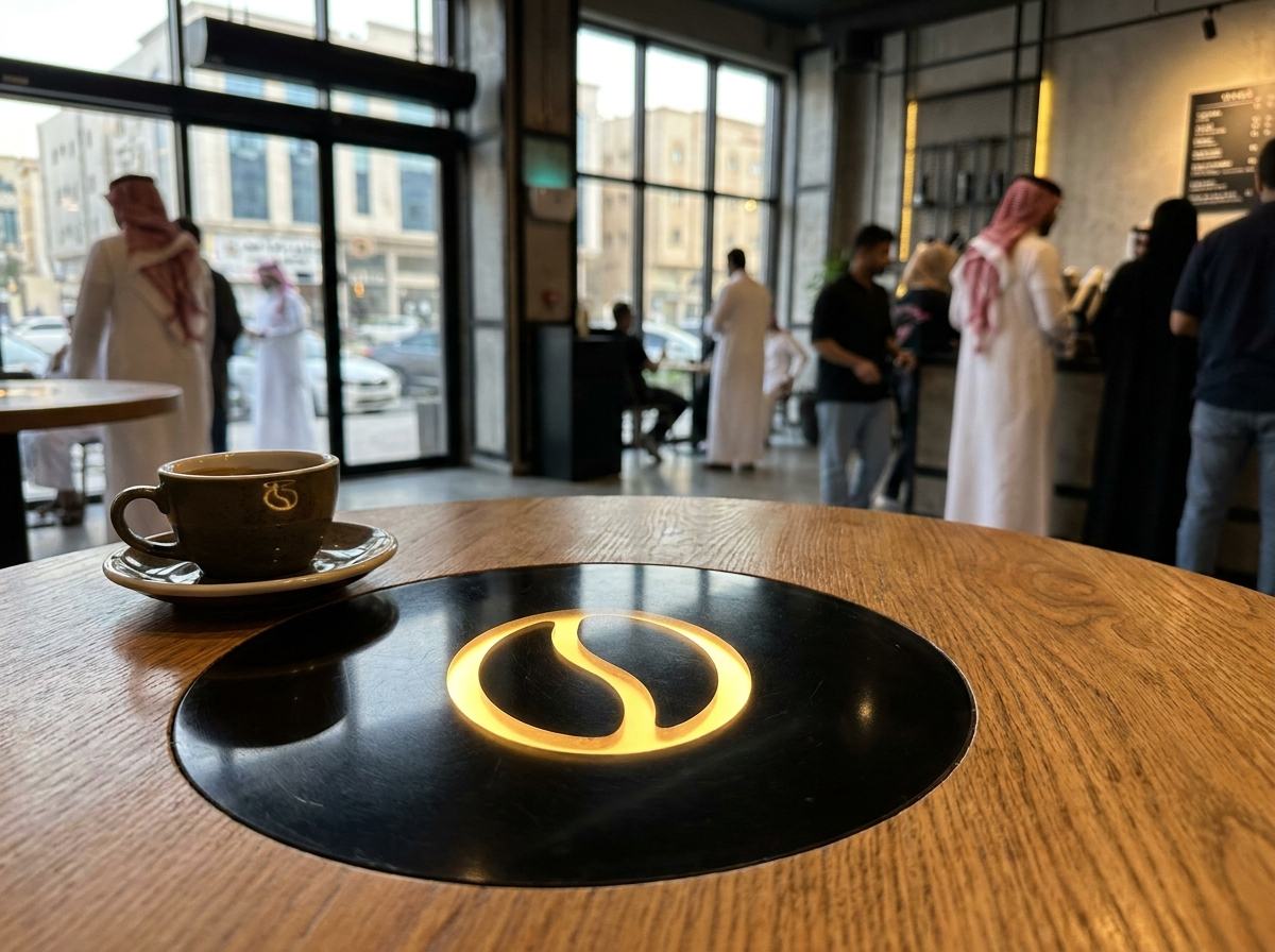 A café table with a glowing emblem