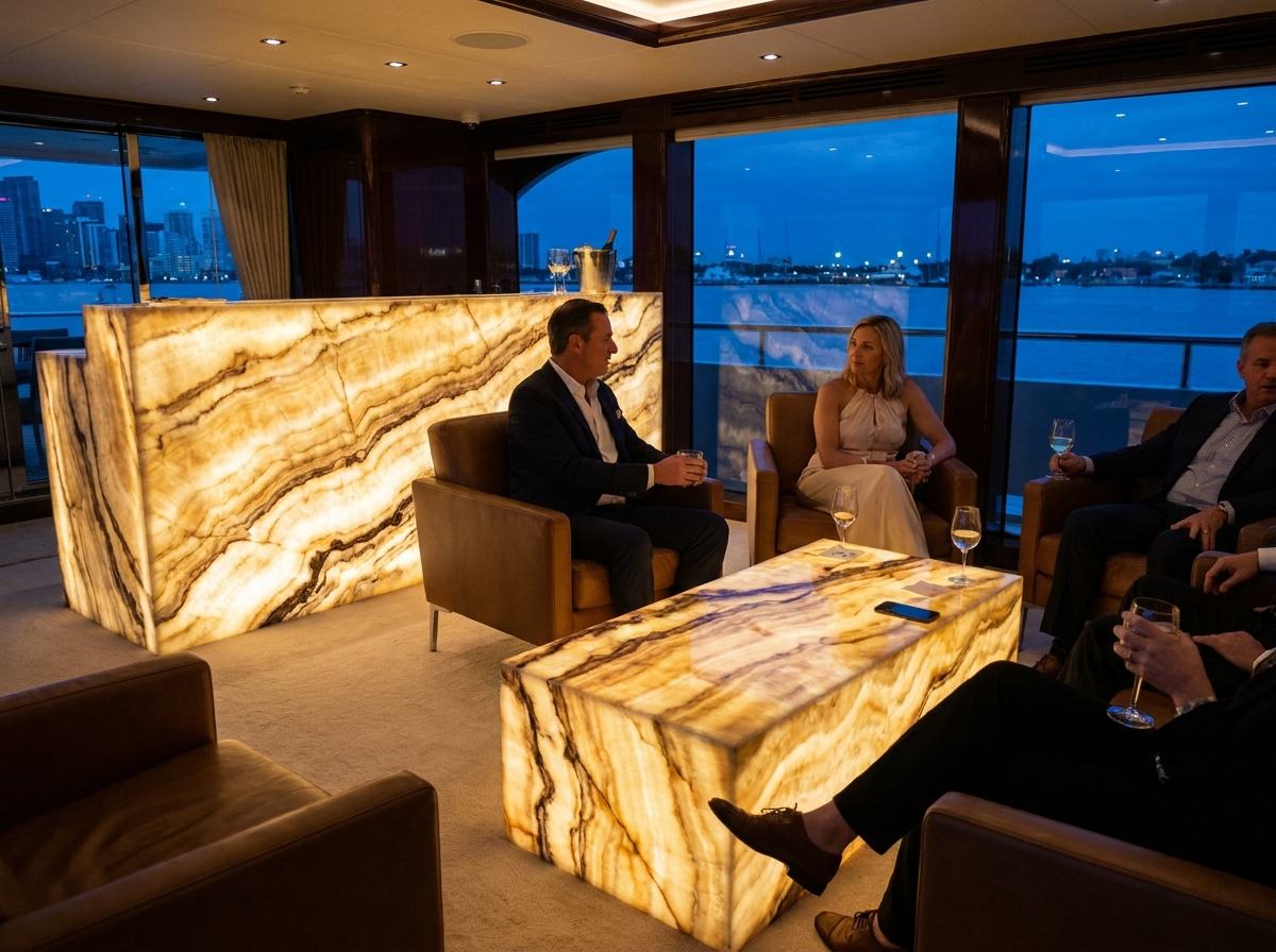 Backlit onyx-effect bar on a yacht