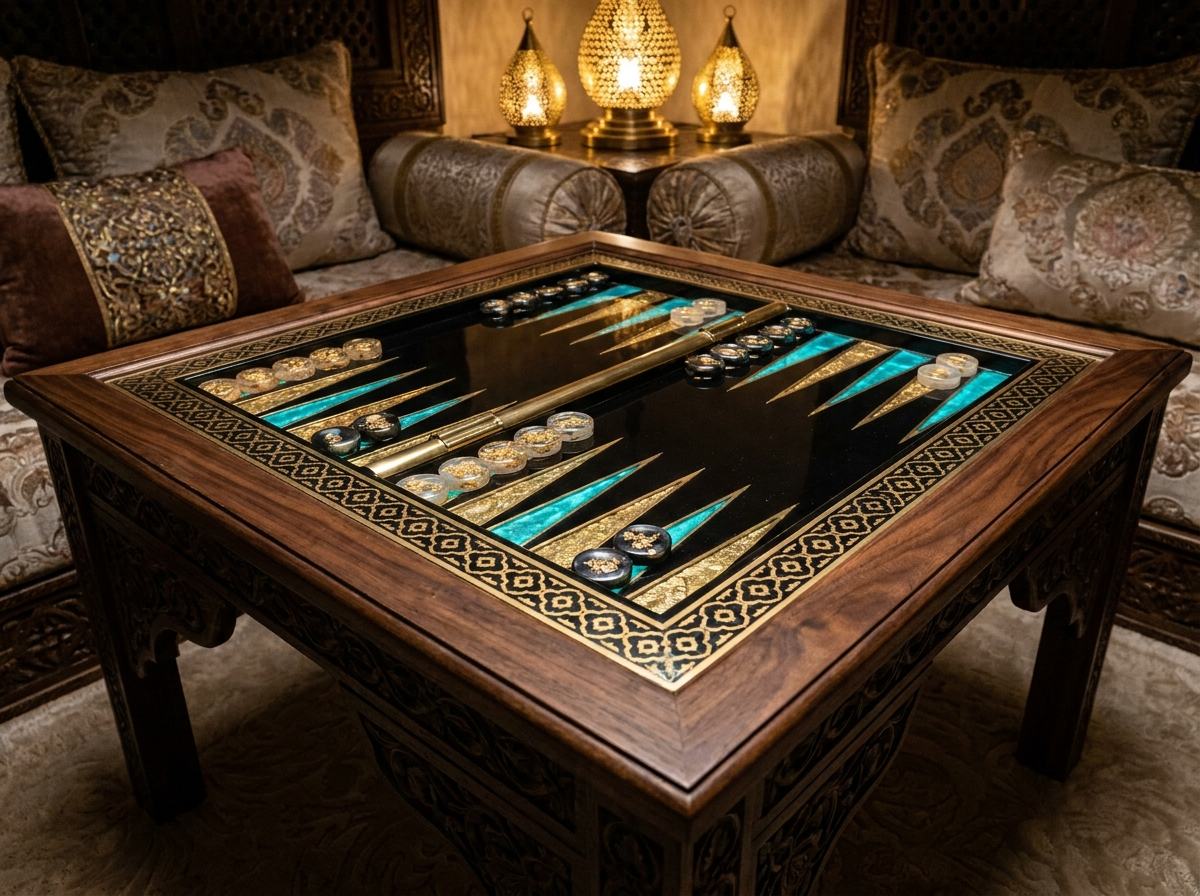 Tawla table in a majlis at night